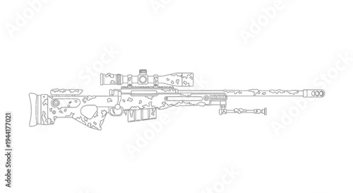 Sniper Rifle Outline Illustration with Camouflage Pattern, Military Weapon Line Art