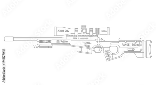Sniper Rifle with Scope - Precision Weaponry Line Art Illustration