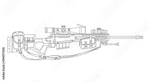Sniper Rifle with Scope and Bipod - Detailed Line Drawing Illustration