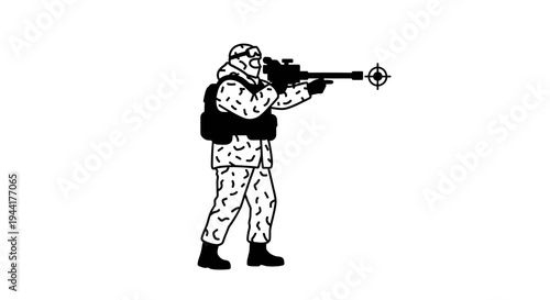 Sniper soldier in camouflage aiming rifle, military, combat, target, focus, action