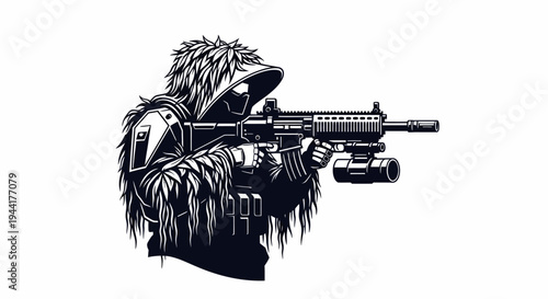 Sniper Soldier in Ghillie Suit Aiming Rifle, Military Special Forces Operator, Stealth Combat