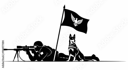 Sniper Soldier with Military Dog and Flag of Peace - Silhouette