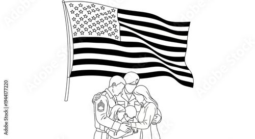 Soldier Hugs Family Under American Flag - Homecoming Reunion