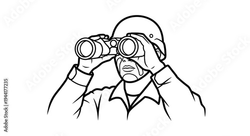 Soldier in helmet looking through binoculars, military surveillance, scouting, observation, black and white line art