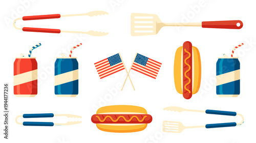American BBQ elements arrangement for festive celebration. Featuring a hotdog, flags, soda cans, and grilling tools for an Independence Day gathering