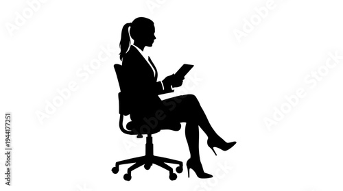 Silhouette of a woman in a formal business attire sitting in a chair, holding tablet