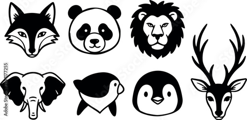 Black and white vector animal faces including fox panda lion elephant bird penguin and deer minimalistic bold icons design