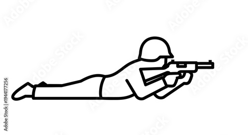 Soldier in prone position aiming rifle, military combat, tactical training, action pose