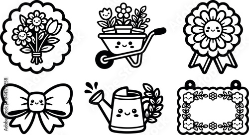 Cute kawaii style gardening icons with smiling flowers bow wheelbarrow watering can and floral frames in black line art