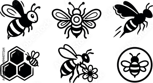 Black and white flat design bee icons flying collecting pollen honeycomb silhouette set vector art