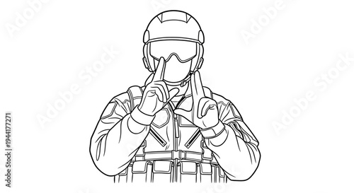 Soldier in tactical gear and helmet making a shushing gesture, silent communication