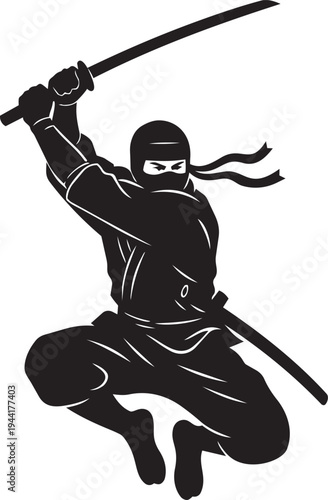 Dynamic silhouette of a formidable martial arts warrior wielding a sharp katana in a powerful leap, embodying agility, strength, and readiness for action