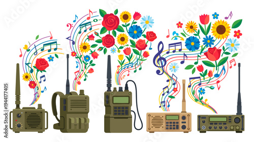 Radios and floral musical notes: A vibrant display of radios emitting floral and musical notes, symbolizing the harmonious blend of technology and nature.