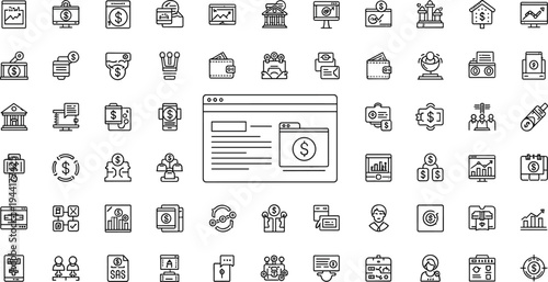 Digital finance and banking management line icon set with payment systems investment analytics business reports and financial technology tools
