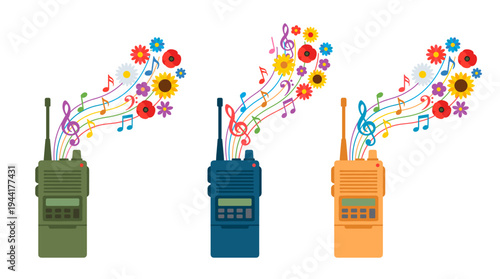 A colorful illustration of walkie-talkies sending musical notes and flowers