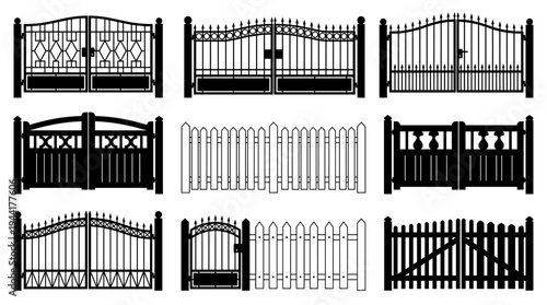 A collection of various gates and fences with different designs
