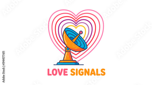 A whimsical graphic featuring a heart-shaped radar sending out signals of love, set against a clean backdrop