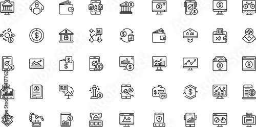 Financial services and digital banking line icon set featuring payments analytics investment transactions and business finance tools