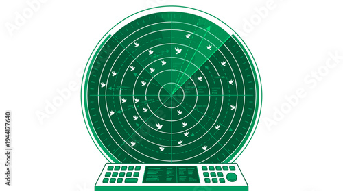A green radar screen displaying signals, with a focus on technological advancement and exploration. The radar represents surveillance and data processing capabilities