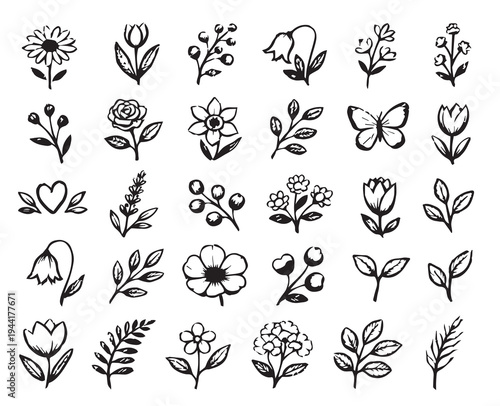 Hand drawn botanical flower and garden element set, decorative rose and tulip line art, vector collection of wildflower sketches with butterfly and heart icons.