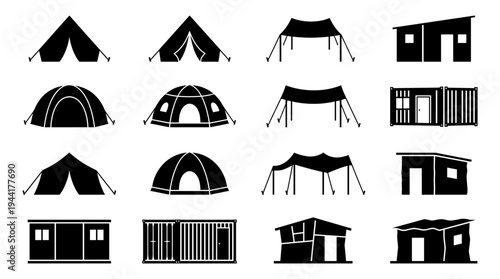 Diverse selection of tent and shelter silhouettes, capturing the essence of camping and outdoor living. Displaying many kind of shelters