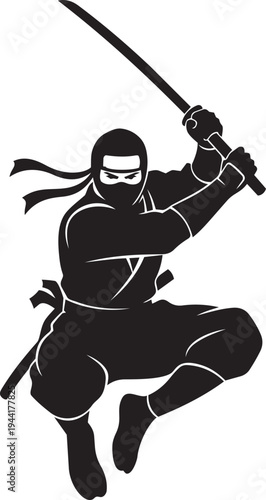 Silhouette of a ninja warrior in action, embodying stealth, martial arts prowess, and a deep connection to the ancient ways of espionage and combat, captured in a dynamic pose wielding a sword