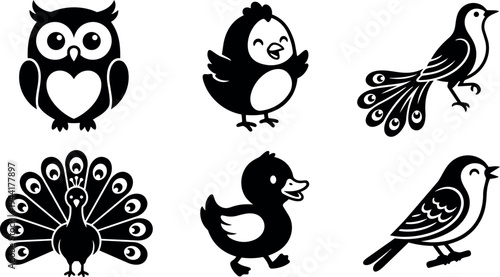 Black and white vector icons set of six various birds including owl chick peacock duck and songbird silhouettes in flat design style