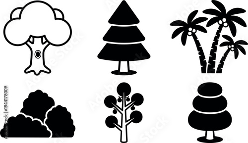 Black silhouette flat design icon set of different tree and shrub shapes including palm fir apple and broadleaf trees