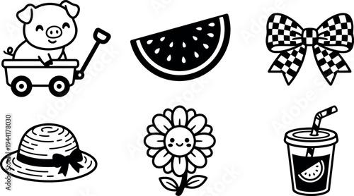 Cute pig sitting in wagon smiling happy watermelon slice checkered bow straw hat flower juice cup