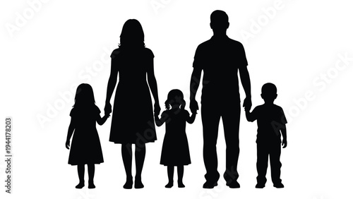 A silhouette of a family of five, consisting of a father, mother, and three children, likely representing a typical family structure with parents and kids holding hands in unity and love.
