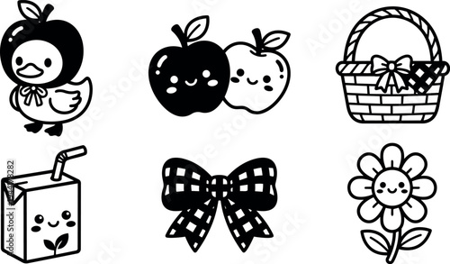 Cute smiling duck wearing apple hat two happy apples juice box with straw gingham bow flower with face basket with ribbon set vector line art