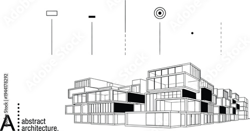 Professional architecture wireframe of irregular modular housing complex with black facade accents and technical structural analytical symbols
