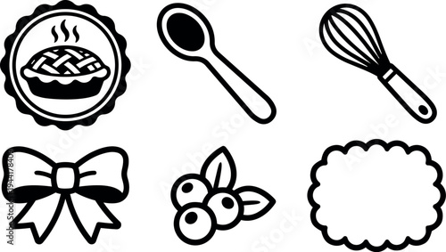 Black and white vector icons set including pie badge wooden spoon whisk bow cranberry berry and scalloped label