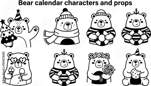 Cute black and white bear calendar characters wearing hats scarves holding objects in different poses vector art collection