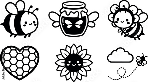 Cute cartoon bee with honey jar sunflower and heart shaped honeycomb vector art set with smiling faces and playful design elements in black and white
