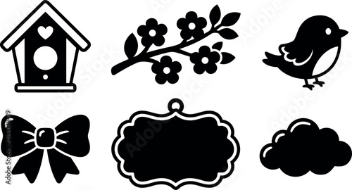 Black silhouette birdhouse bow branch with flowers cloud and decorative frame vector design set on white background