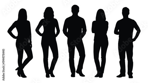 Silhouette of five people standing in a row on white background with various poses and attire