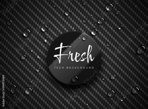 Black carbon fiber background with black circle center header. Clear rain water drops on surface. Abstract cloth material header car wash, tuning or cleaning service. Technology dark fresh background