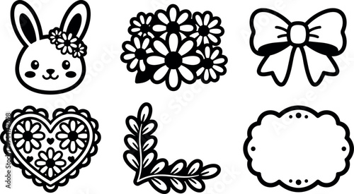 Cute bunny with flower crown heart shaped floral lace daisy bunch leafy corner bow tie decorative label black line art vector