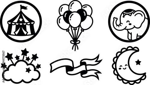 Cute black and white line art set of circus tent balloons smiling elephant crescent moon stars and decorative ribbon icons