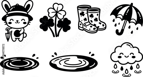 Cute mouse character holding small umbrella with rain boots shamrocks and rainy weather puddles vector icons isolated