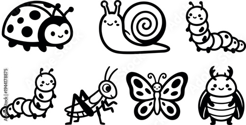 Cute black and white vector insects collection smiling ladybug snail caterpillars grasshopper butterfly and beetle cartoon style