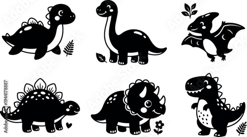 Cute black and white cartoon dinosaur characters set smiling standing and flying with leaves hearts and flowers vector art