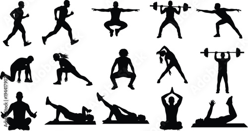 Yoga and exercise silhouette icons