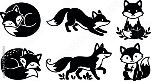 Flat design black and white cute fox collection sleeping running sitting standing with tail and floral elements vector art