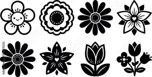 Simple black silhouette floral vector icons set with smiling flower petals hearts and leaves design in minimalist style