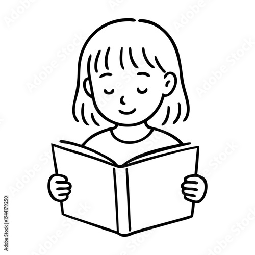 Dibujo sencillo con líneas de una niña leyendo un libro de cuentos 