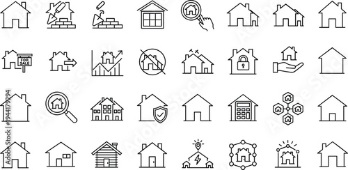Real estate and property development icon set featuring residential housing construction tools smart home security and mortgage calculators.