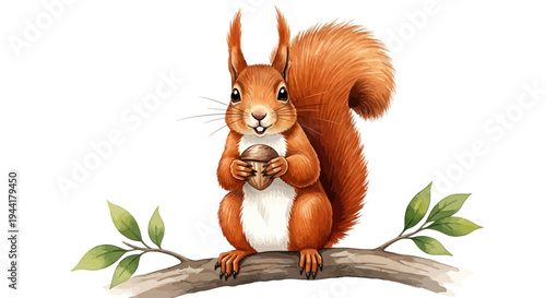 Cute Cartoon Squirrel Holding Acorn on Tree Branch Adorable Wildlife Illustration