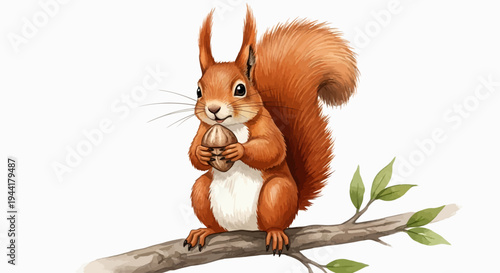 Adorable Red Squirrel Sitting on a Branch Holding an Acorn Illustration